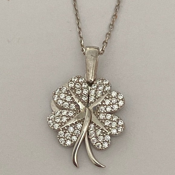 925 Silver double clover initial name cz necklace - Picture 2 of 4